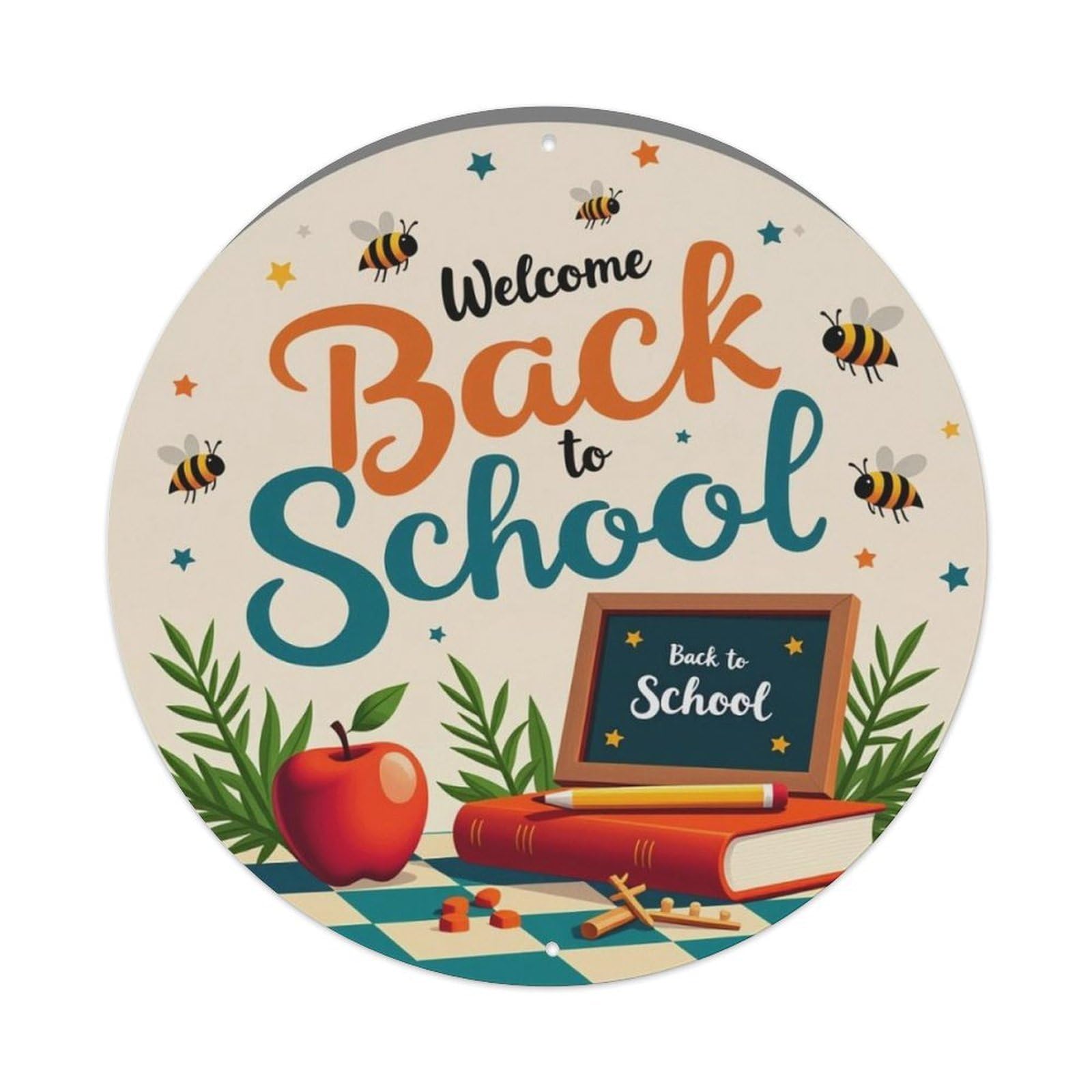 Welcome Back To School Bee Book School Round Decor Sign Vintage Aluminium Metal Sign, Retro Wall Decor for Home, Bar, Garage & Farmhouse 20x20cm