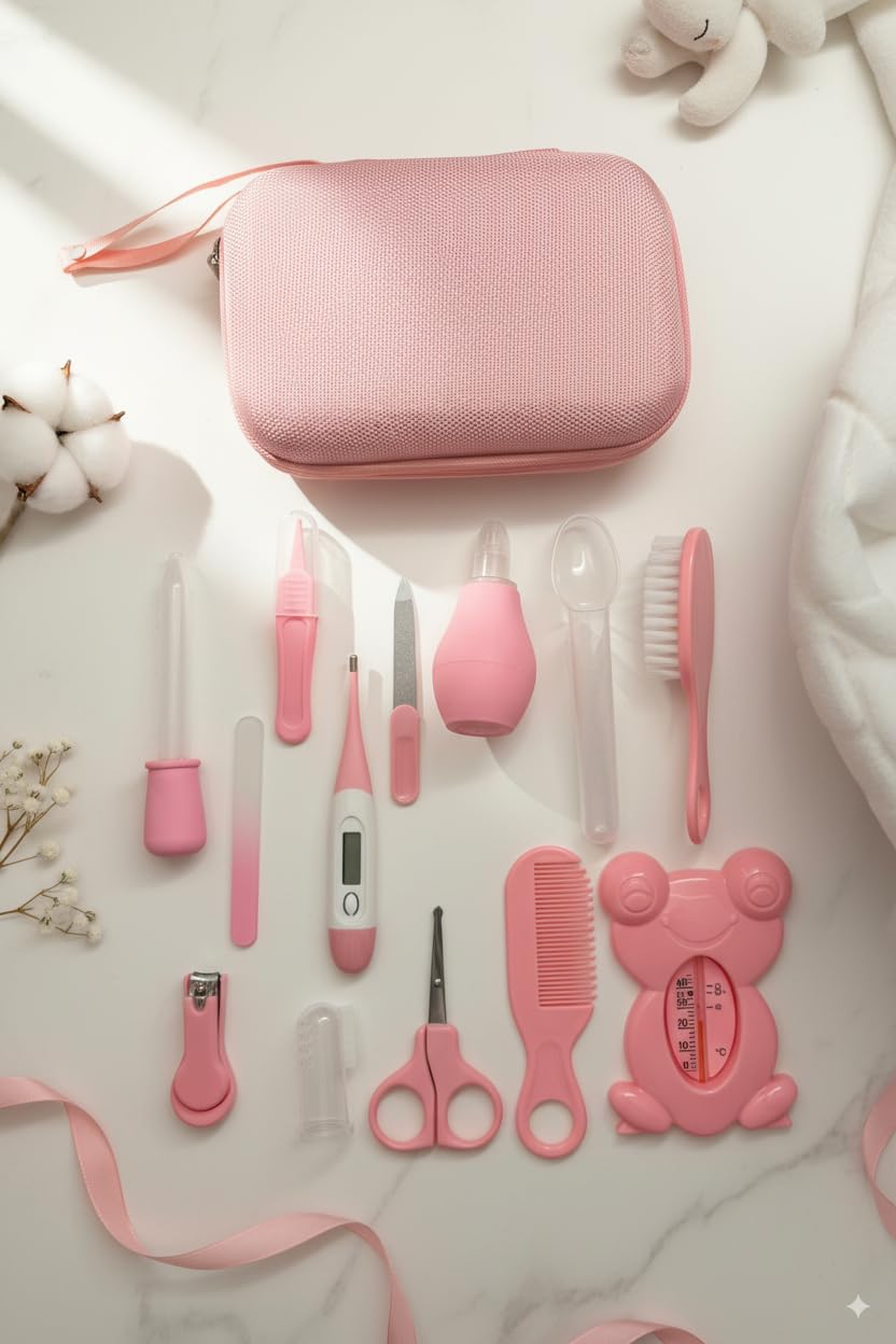 Kit Naissance Bébé 13 Pièces – Trousse de Soin & Toilette Nouveau-né Complète – Thermomètre, Coupe-Ongles, Mouche-Bébé, Brosse Cheveux – Indispensable Maternité & Cadeau Naissance