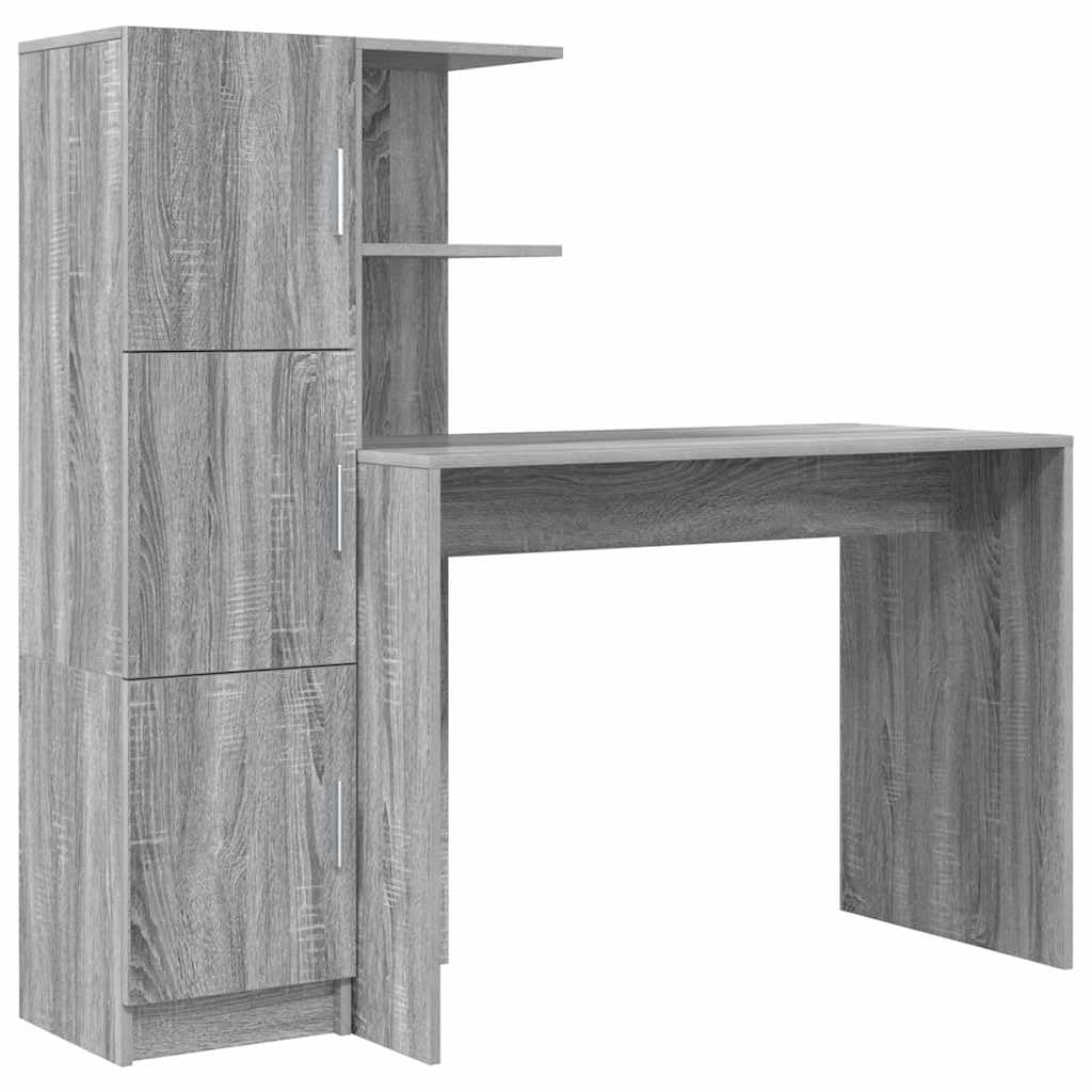 Scrivania Porta PC con Mobiletto, Set da 2 Pezzi Grigio Sonoma | Ideale per studio e ufficio, questo set include uno scrittoio con scaffali e un mobiletto a tre ante.