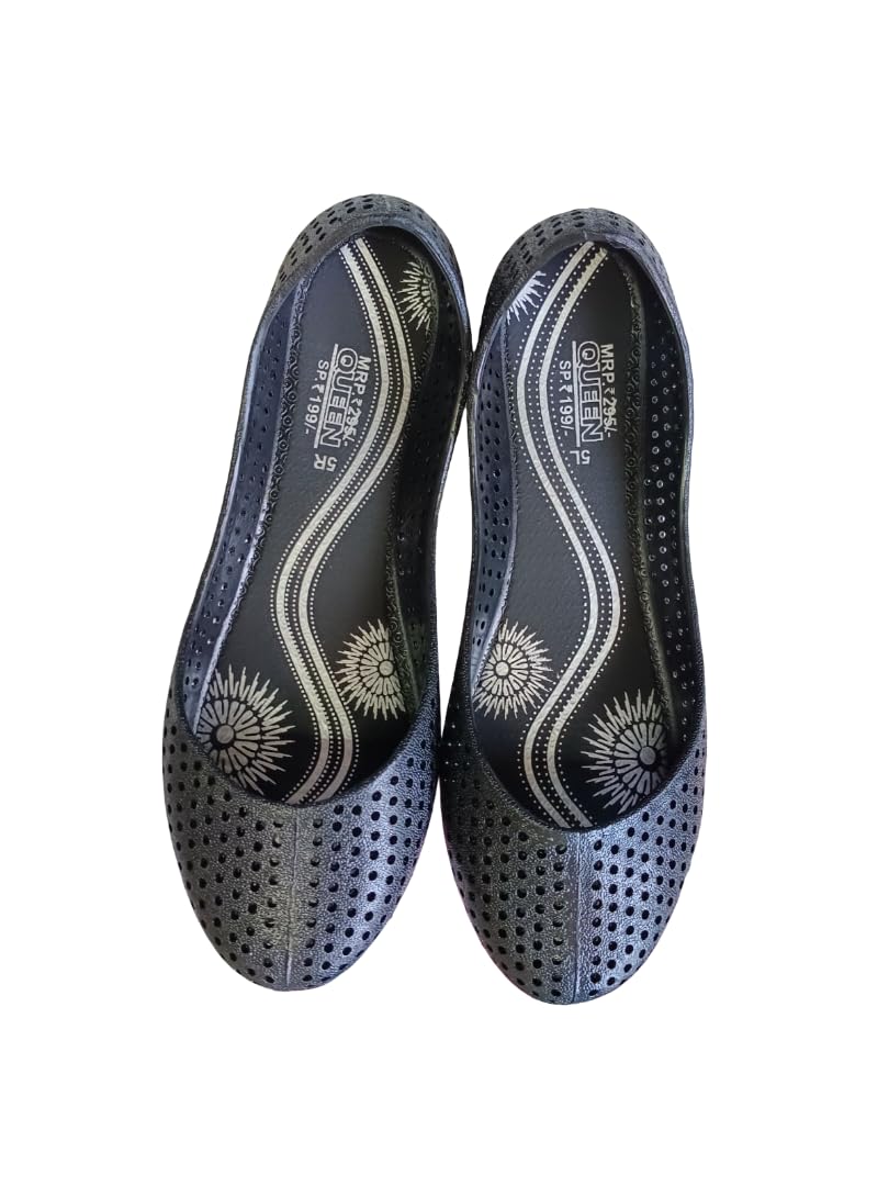 Women's Perforated Ballet Flats, Black Casual Slip-On Shoes with Decorative Pattern, Non-Slip Sole, Comfort Footwear-image-13