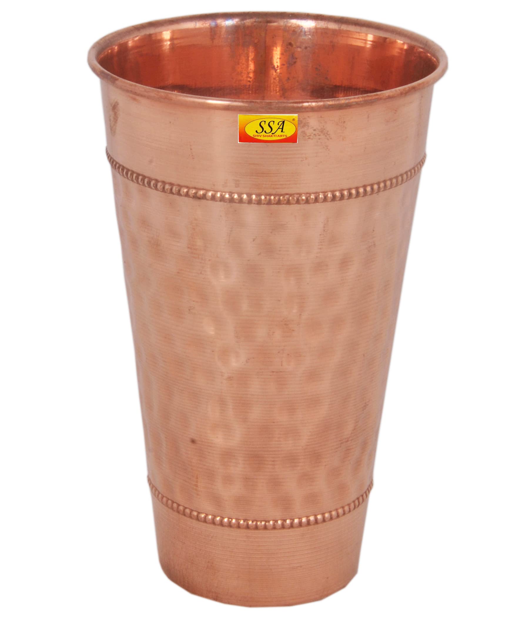 Shiv Shakti Arts®Hammered Copper Glass Big Lassi Glass Tumbler Cup with 2 Rings, Serving Drinking Water, Benefit Yoga Ayurveda, 1 piece set 650 ml (Brown)