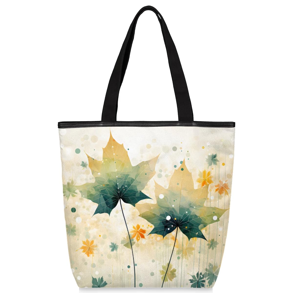 Mularoka Vintage Watercolour Leaves Canvas Tote Bag with Zipper and Pockets Canvas Tote Shopping Bag Women Reusable Grocery Bag for Beach Travel Gym Shopping
