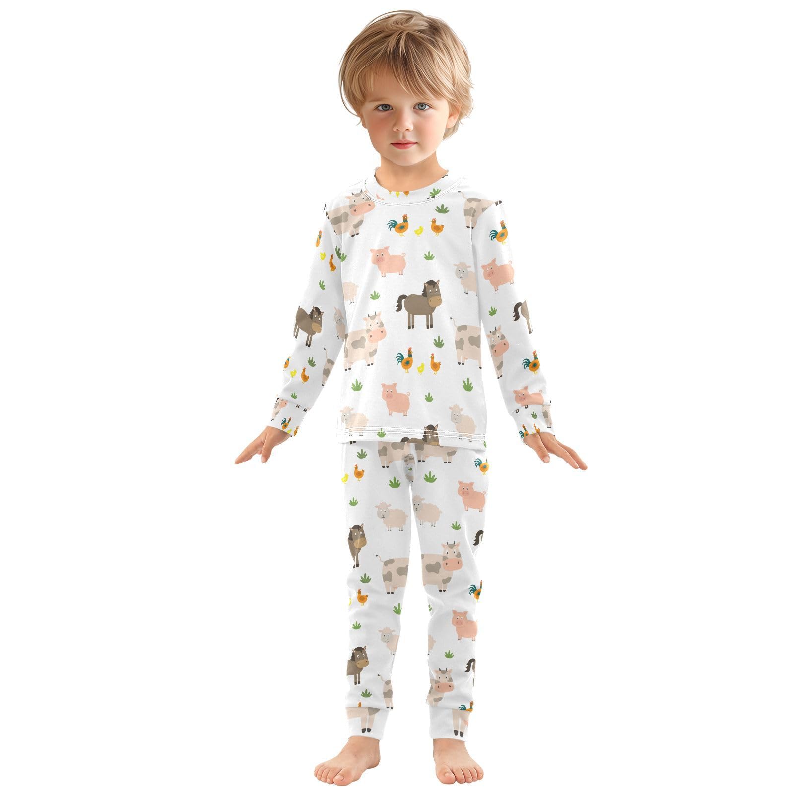 Mnsruu Pigiama per bambini disegnato a mano con animali della fattoria con top e pantaloni a maniche lunghe, comodo pigiama in cotone per ragazzi e ragazze, pigiama unisex, 18 M