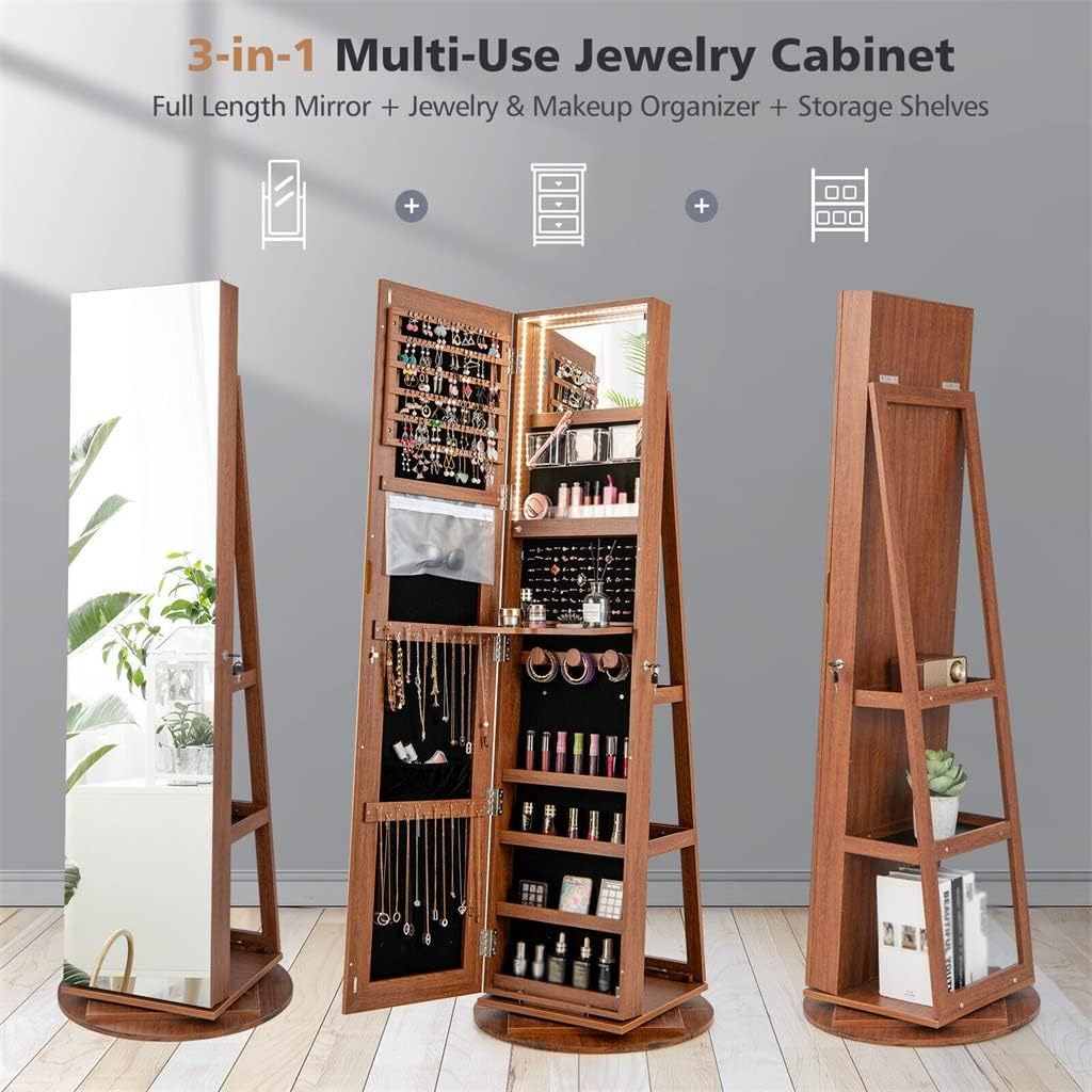 360° Rotating Mirror Jewelry Wardrobe 3 Colors LED Pattern Lockable Brown Bedroom Furniture (Color : A, Size : 21.5x21.5x63.5 inches)