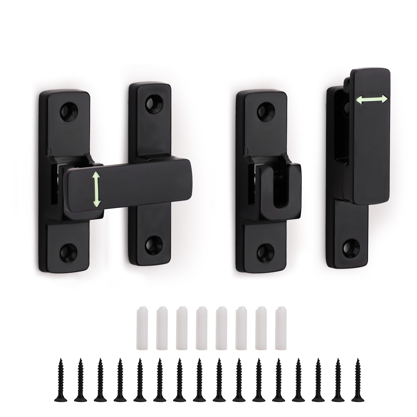 Diakey Black 2 Pack Luminous Barn Door Lock, 90/180 Degree Flip Sliding Door Latch, Small Zinc Alloy Gate Latch Hardware For Garden, Bathroom, Cabinet, Garage, Shed,