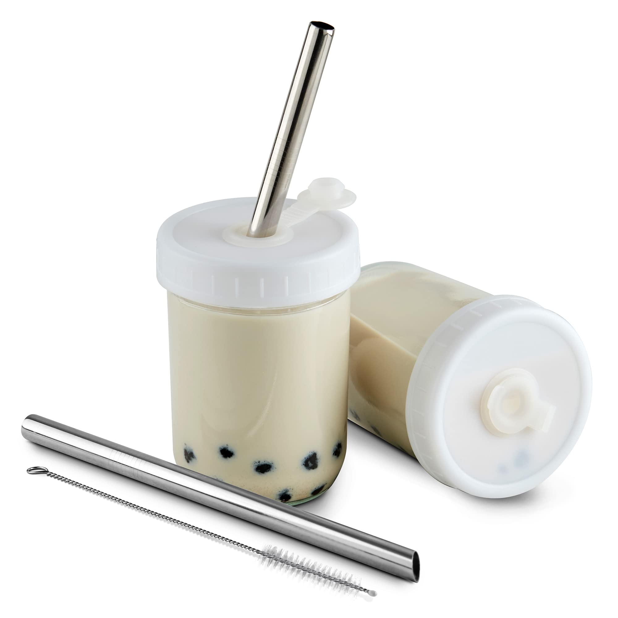 Photo 1 of 3 pack Kimle Home Bubble Tea Cups with Lids and Straw - Boba Cup Set with 2 16oz Jars, 2 Lids, 2 Straws, and 1 Cleaning Brush - Leakproof Smoothie Cup - Iced Coffee Cup 8.85'' x 4.4'' x 6.1''