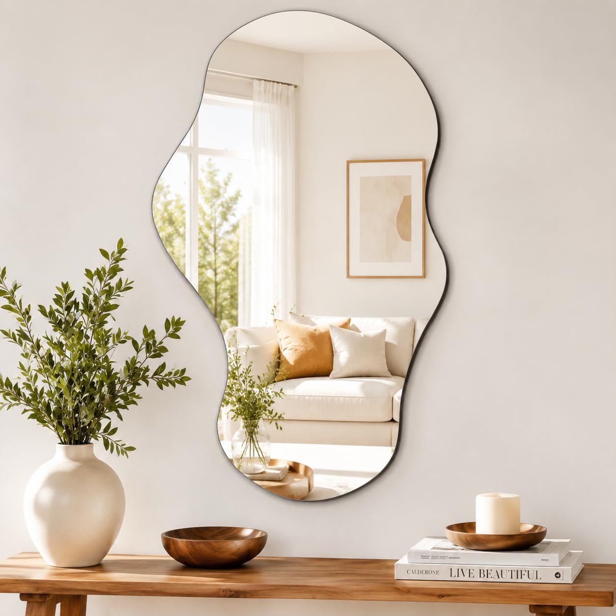 PERFNIQUE Espejo de Pared Irregular asimétrico, 43 x 24 Pulgadas, decoración Moderna de Pared para baño, Dormitorio, Sala de Estar, Entrada, sin Marco de Nube, montado en la Pared (43 x 24 Pulgadas