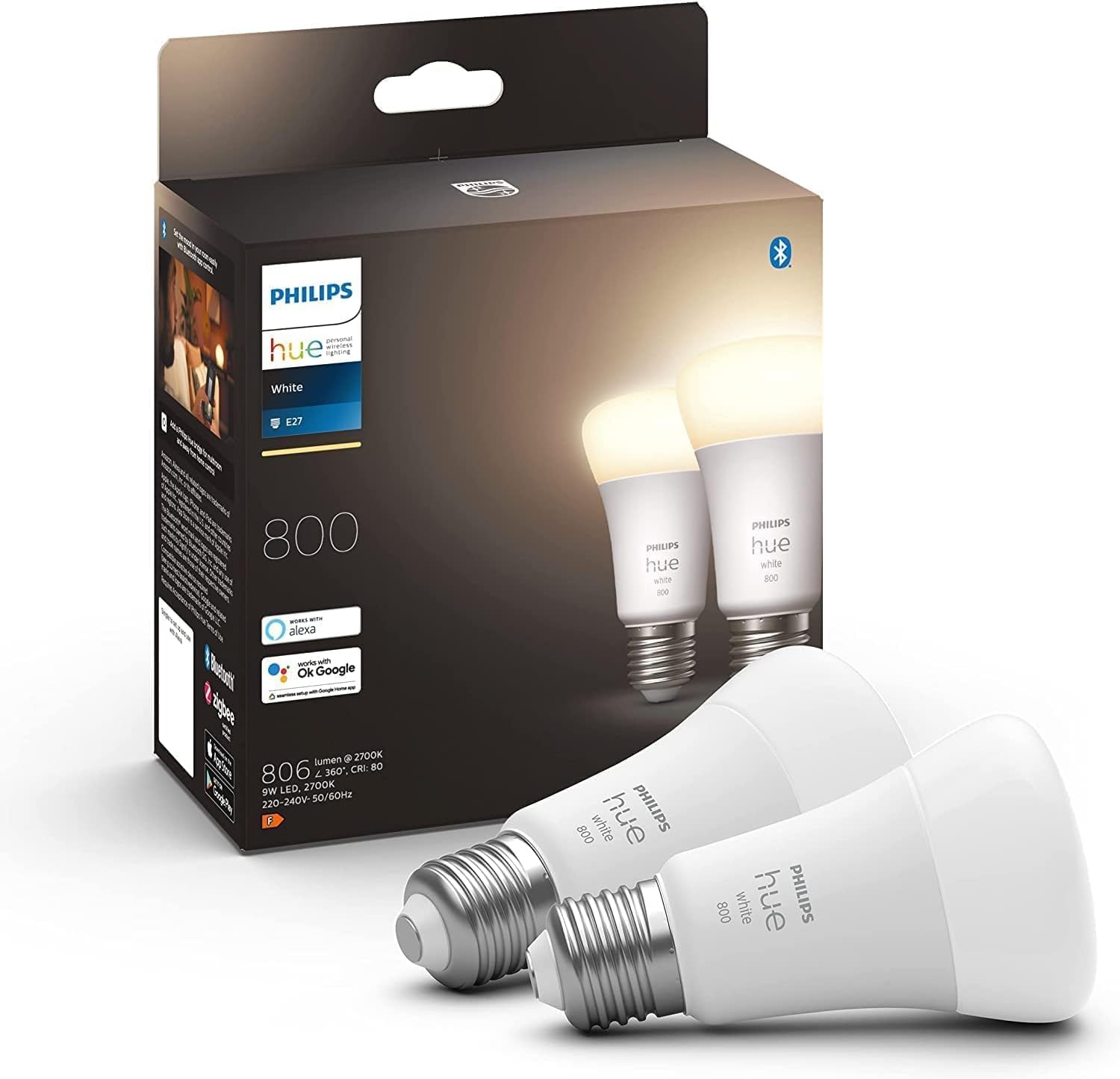 New White Smart Light Bulb 60W - 806 Lumen 2 Pack [E27 Edison Screw] with Bluetooth. Works with Alexa, Google Assistant, Apple Homekit. for Home Indoor Lighting, Livingroom and Bedroom.