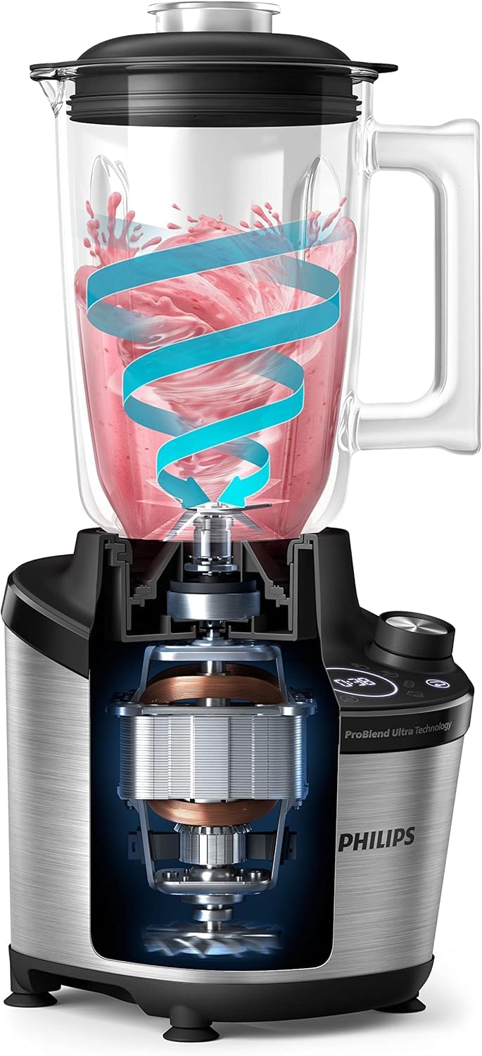 Philips Blender mixeur Série 7000 - Mixeur 1500W ProBlend Ultra, Capacité 2L, Programmes Quick Select, Fonction Quick Clean, Application HomeID, 2 gourdes Tritan incluses, Métal (HR3760/10)