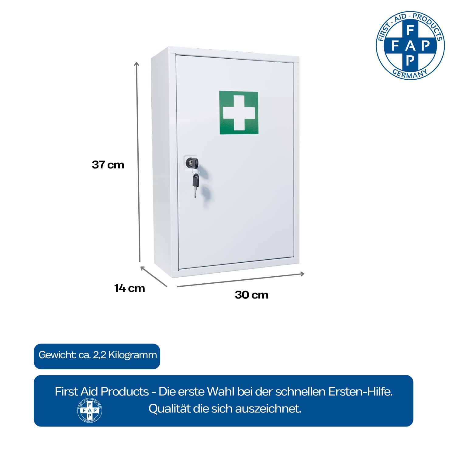 First Aid Products Verbandschrank A – leer (für DIN Füllung geeignet) – Metall, 2 Ablageflächen – Sicherheitsschloss – Weiß – kompakt & wandmontierbar – 37 x 30 x 14 cm