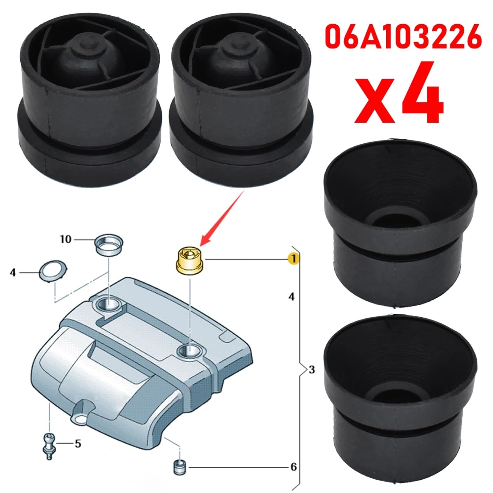 ISpchen Lot 4 Oeillets De Capot Moteur 06A103226 Tampons Caoutchouc Pare-Chocs Protection Audi
