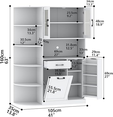 Miniatura 2 de Loomie Armario de despensa de cocina con almacenamiento de basura inclinable y estantes laterales de 5 niveles, cacerola independiente con soporte