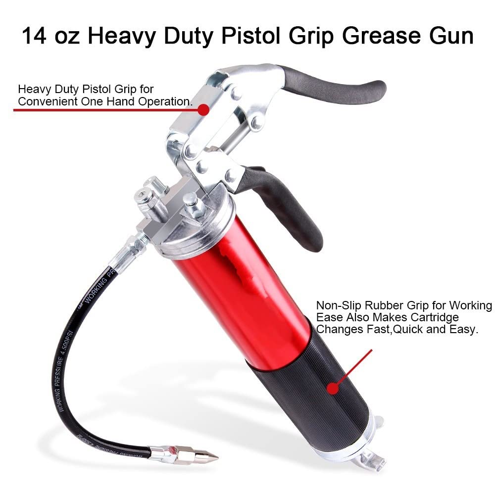 Boquilla engrasadora Boquilla Bomba de Engrase Duty 6000PSI Pistola engrasadora Empuñadura de Pistola 400cc 14oz Lubricación W/12quot; Manguera Flexible y 5-1/2" Extensión Metálica(Blue)