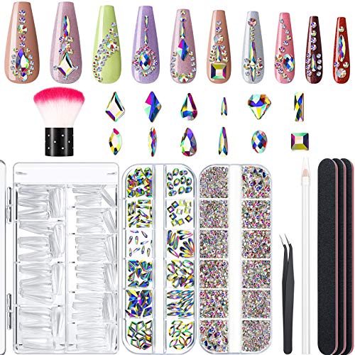 Nail Art Kit, 500 Clear Long Coffin Nail Tips Artificial Ballerina False Nails, 120 Multi Shapes Glass Crystals, 2000 AB Rhinestones Flat Back, 3 Nail Files with Rhinestone Picker, Nail Dust Remover