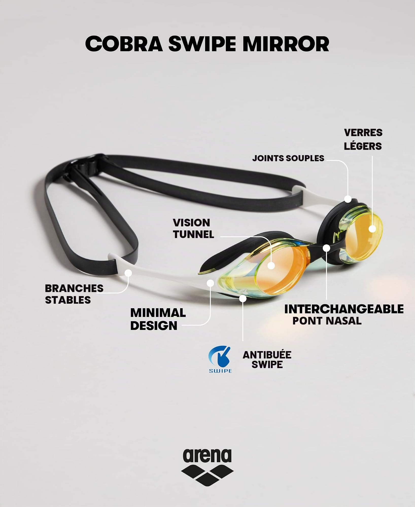 arena Cobra Original Swipe Mirror Unisex-Wettkampfbrille für Erwachsene, Schwimmbrille mit Verspiegelten Gläsern, Anti-Beschlag, UV-Schutz, 4 Austauschbare Nasenstege