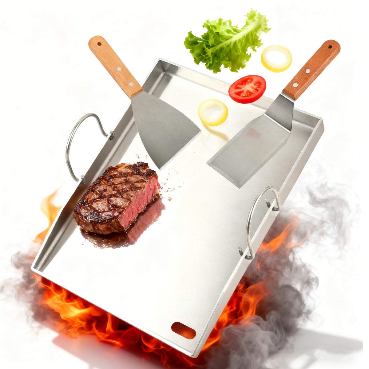 30×4×40cm Plancha Plaque de Cuisson avec 2 Spatules, Plaque de Cuisson en Acier Inoxydable avec Poignée Amovible, Plaque Plancha pour Barbecue Gaz pour Barbecue à Gaz et Barbecue à Charbon