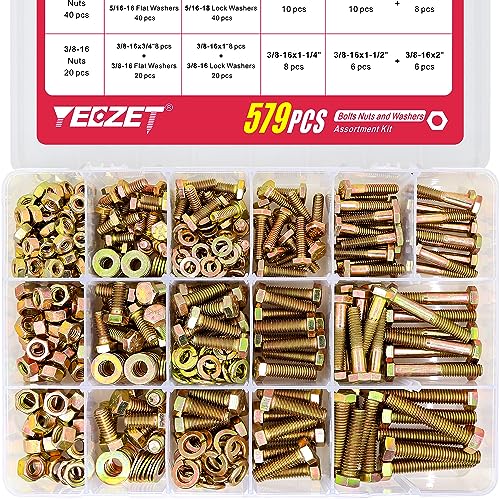 579PCS Grade 8 Heavy Duty Bolts and Nuts Washers Kit, 1/4-20 5/16-18 3/8-16 Hex Bolts Nuts Assortment Kit, Includes 15 Most Common Sizes