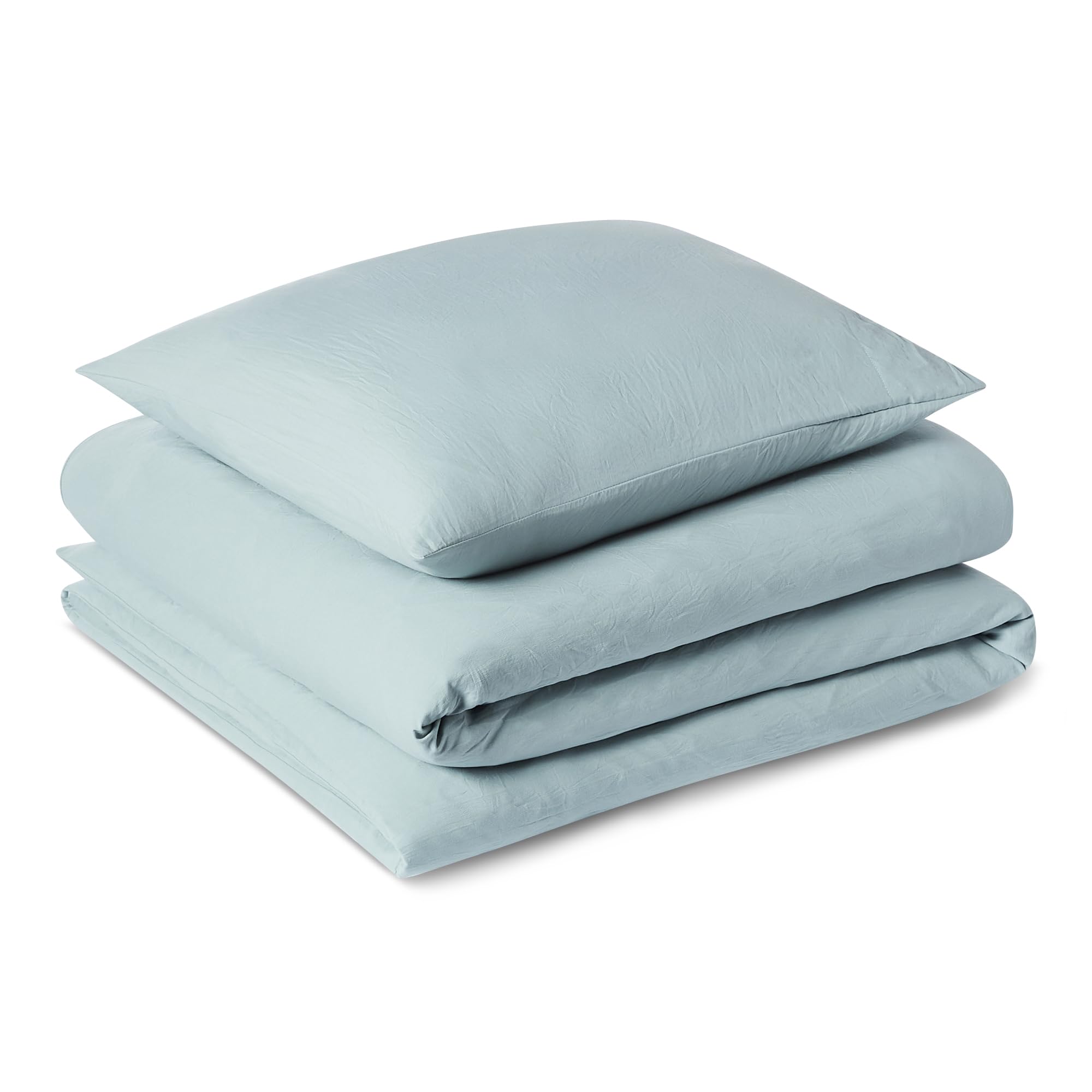 Amazon Basics Bettwäsche 135x200 2teilig Vorgewaschene Mikrofaser, Extra Weich mit Knitter-Look, Bügelfrei, Bettbezug 135x200 cm & 1 Kissenbezug 80x80 cm, Blau