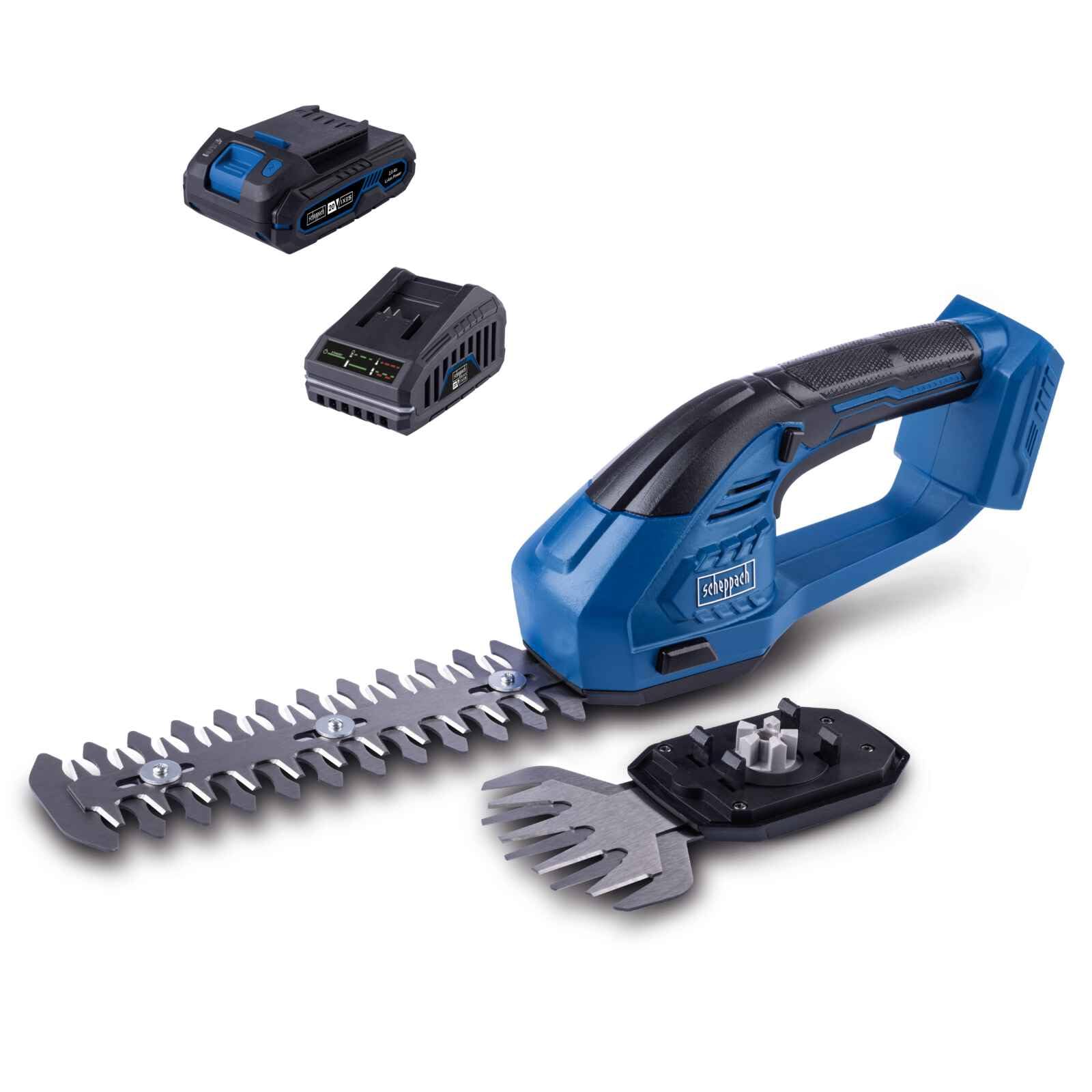 Scheppach Akku Gras & Strauchschere C-HTGS200-X Grasschere mit Klicksystem | Grasschnitt/Strauchschnitt - 90/200mm | Werkzeugloser Wechsel | 20V-IXES-Serie | 10 Jahre Garantie | mit 2Ah Akku & Ladegerät