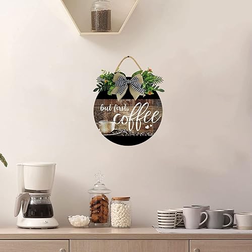 Miniatura 5 de KPSheng Letrero con texto en inglés But First Coffee, decoración de pared de madera de 11 pulgadas para el hogar, cocina, cafetería o