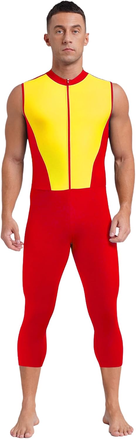 easyforever Men Color Block Patchwork Athletic Sleeveless Jumpsuit Front Zipper Calf Length For Workout Sports
