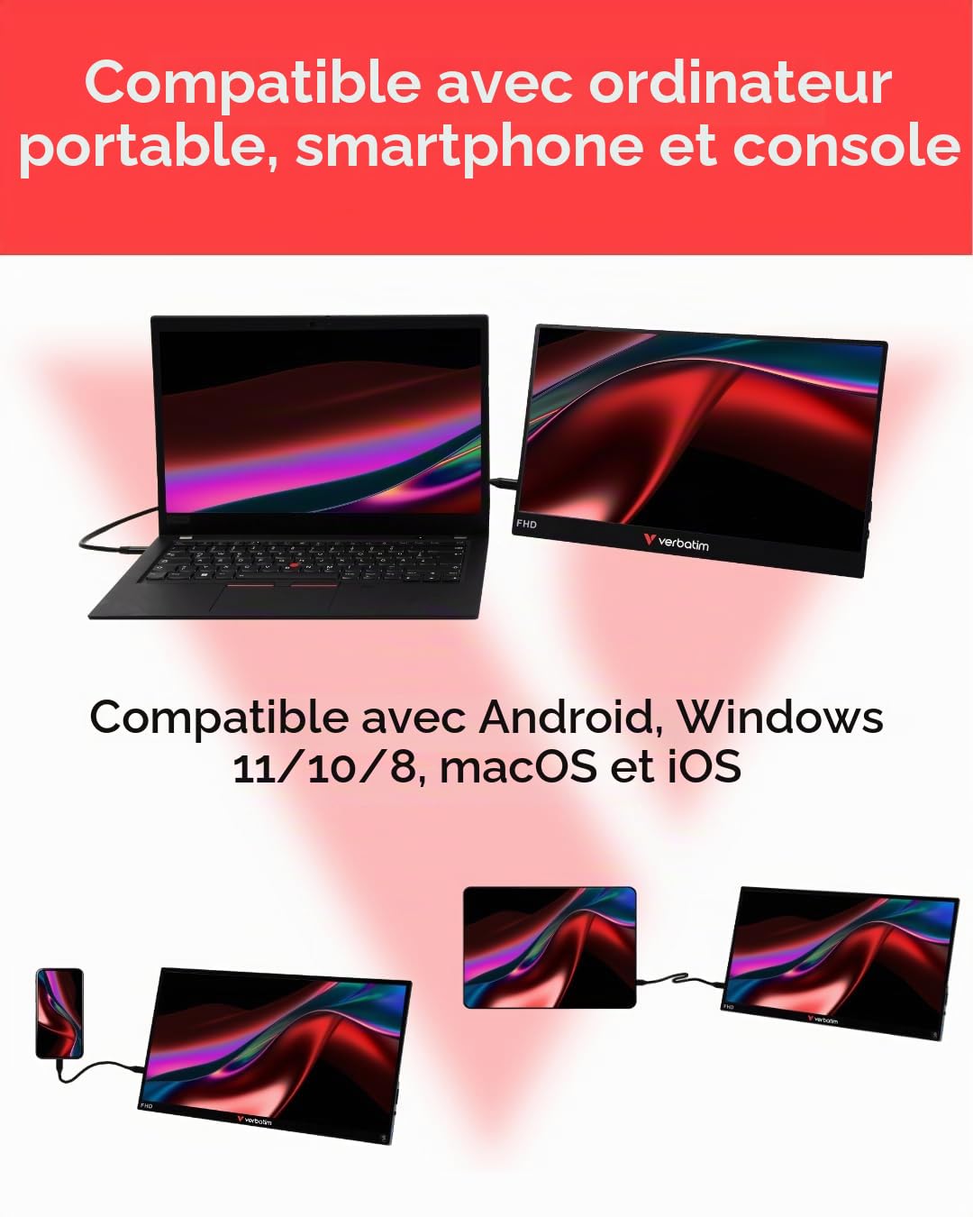 Verbatim Moniteur Portable, écran Mobile Full HD 15,6", Moniteur Portable en Plastique pour Ordinateur Portable, Tablette, Smartphone, PS5 ou Nintendo Switch avec Ports USB-A, USB-C et HDMI, Noir