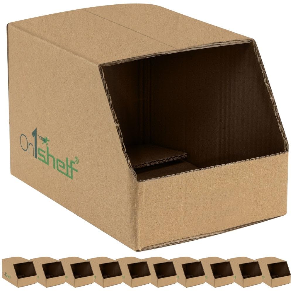 On1shelf Brown On1shelf® 10Pcs Stackable Cardboard Boxes, Corrugated Storage Bins, Pantry Organiser Bins For Shelves, Garage Office Organisation (205(L) X140(W) X130(H))