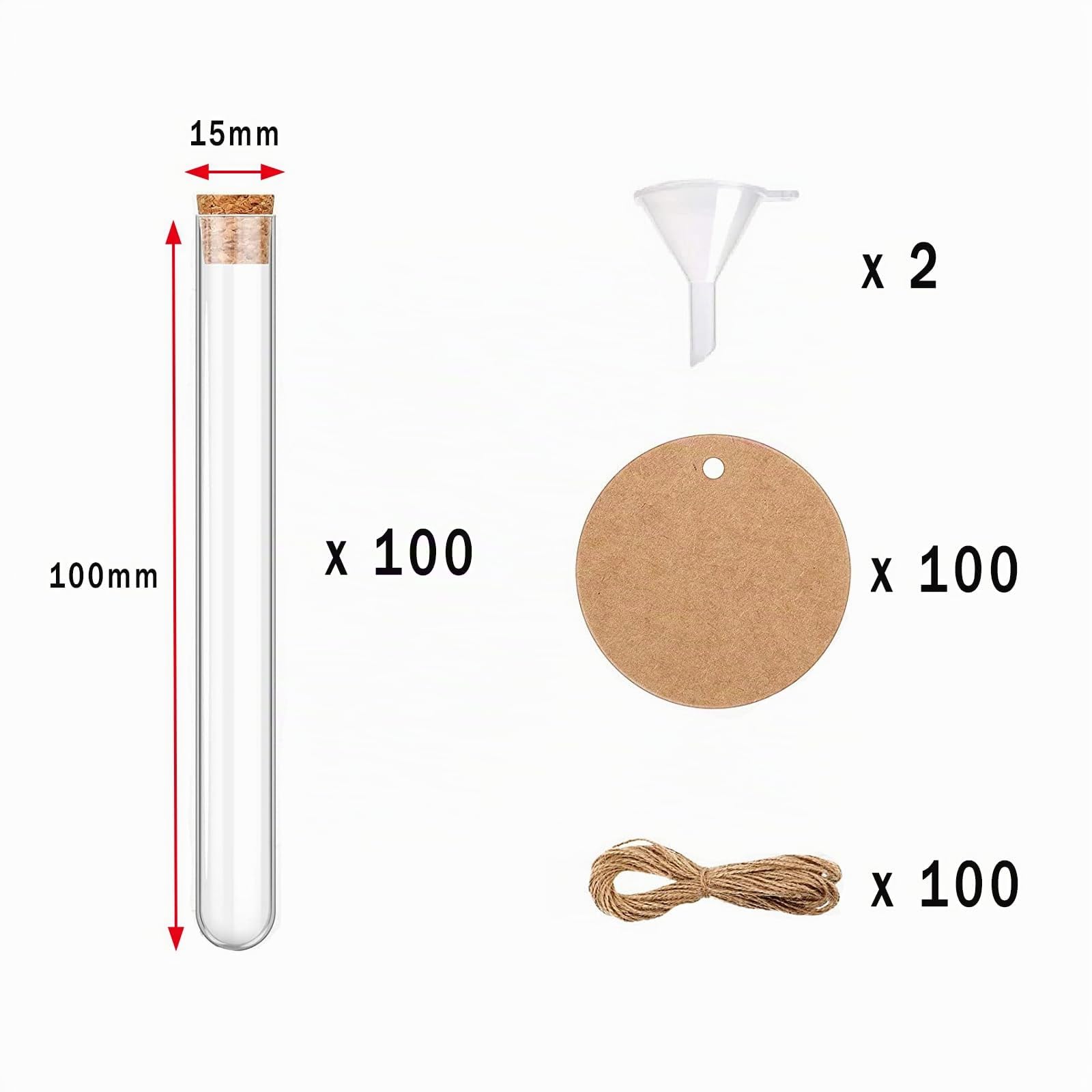 Lot de 100 tubes à essai avec bouchon en liège 15 x 100 mm (13 ml) - Pour cadeaux d'invités et table de laboratoire, avec étiquette en papier kraft et corde de chanvre, DIY Craft Candy Liquids Spices