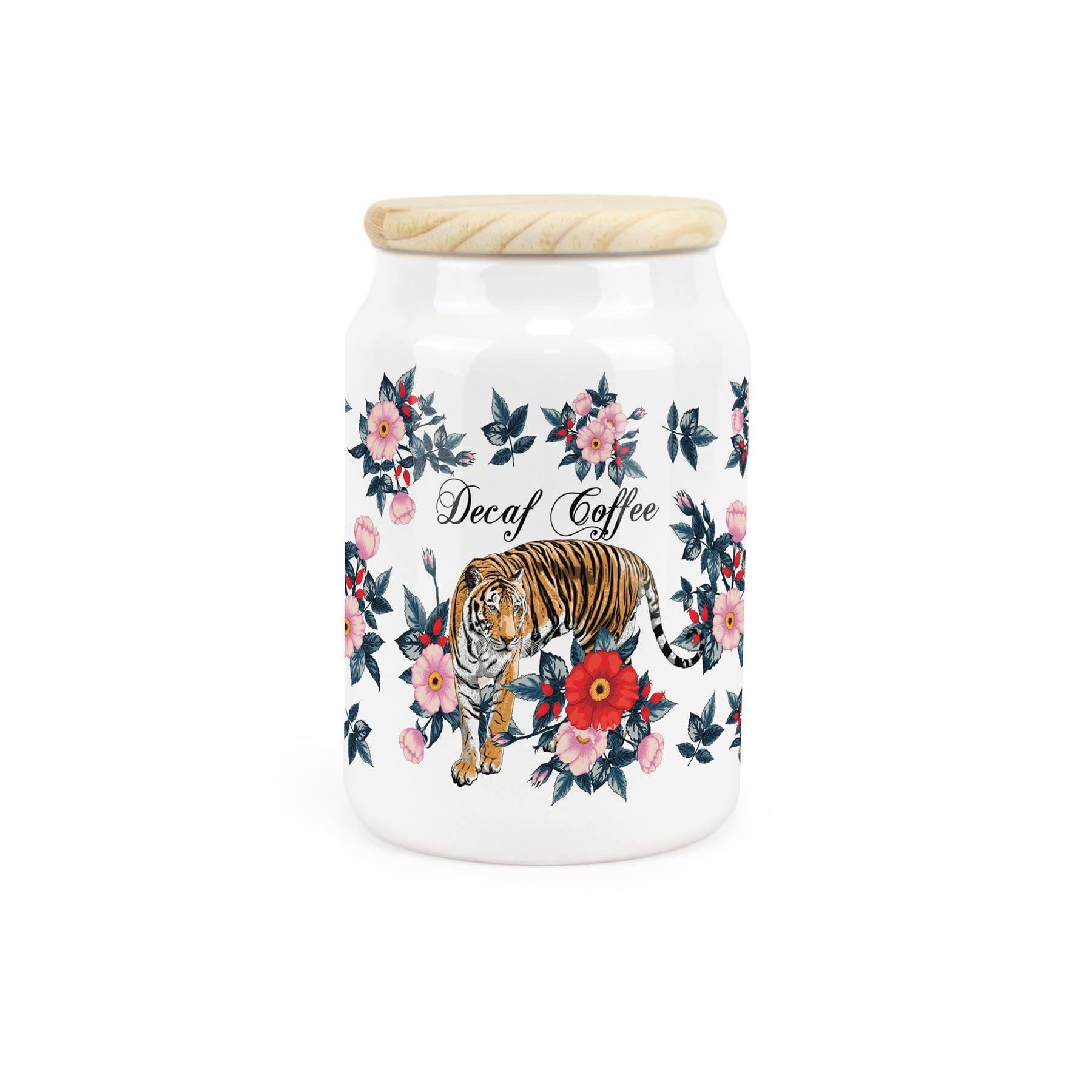 Purely Home Tiger Decaf Coffee Ceramic Storage Canister - Pink & Red Floral Ceramic Kitchen Food Storage Container & Wooden Lid 600ml (14.5cm x 9.5cm)