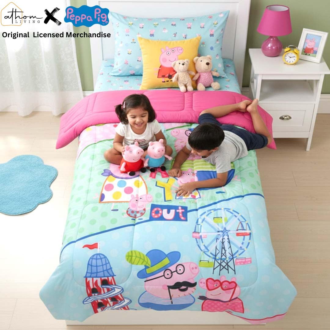 Athom Living Peppa Pig Themed Kids Comforter, Soft & Lightweight, Durable Bedding for Boys & Girls, Cozy & Printed Bedspread, Machine Washable, Birthday Gift, Return Gift | Blue, 390 GSM, 135x220 cm