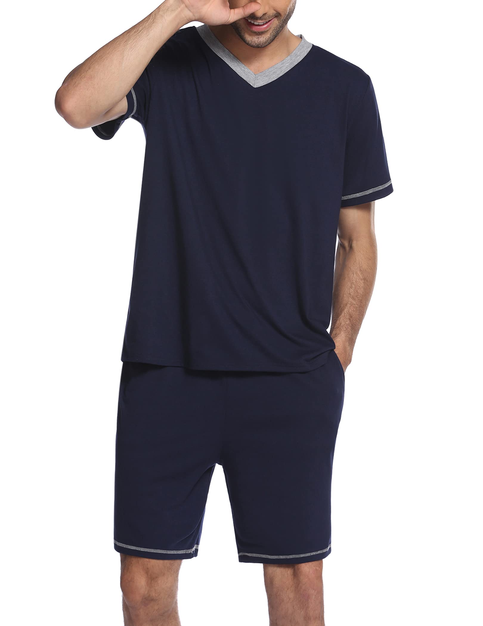Ekouaer Mens Pajama Set Short Sleeve V Neck 2 Piece Nightwear Shorts With Pockets Summer Sleepwear PJS for Men