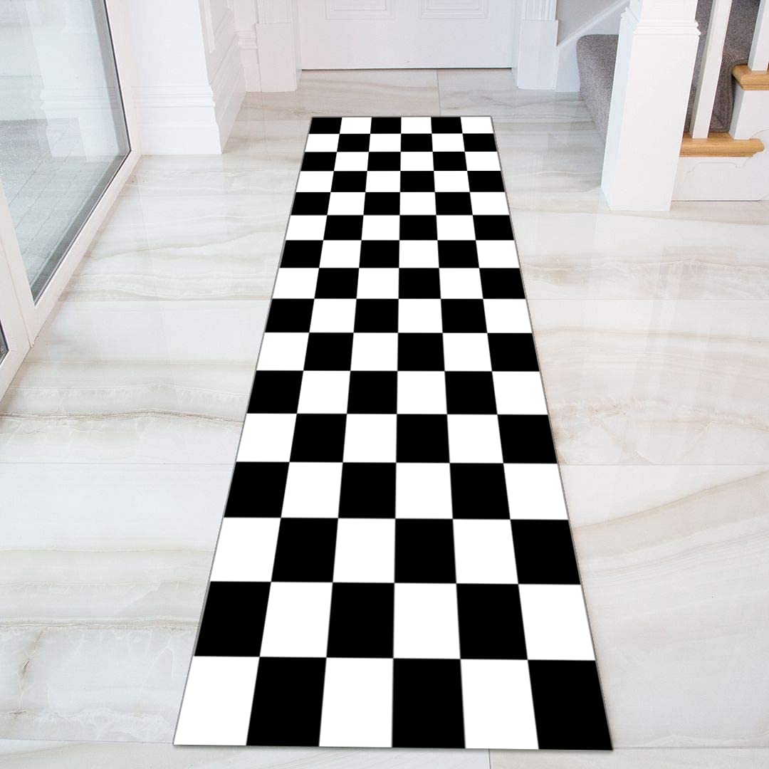 Tapis de Couloir Passage Noir et Blanc Cuisine Antidérapant Géométrie Design Moderne, pour Couloir/Cuisine/Escaliers, Largeur 60cm / 70cm/ 80cm / 90cm/ 100cm / 120cm(Size:60x320cm)