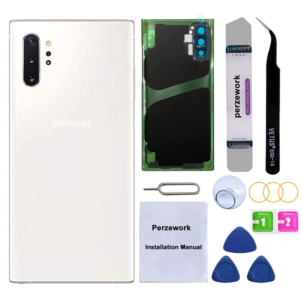 Rear Back Glass Replacement for Samsung Galaxy Note 10+ Plus 6.8-inches 5G with Reparing Toolkit and Installed Adhesive (Aura White)