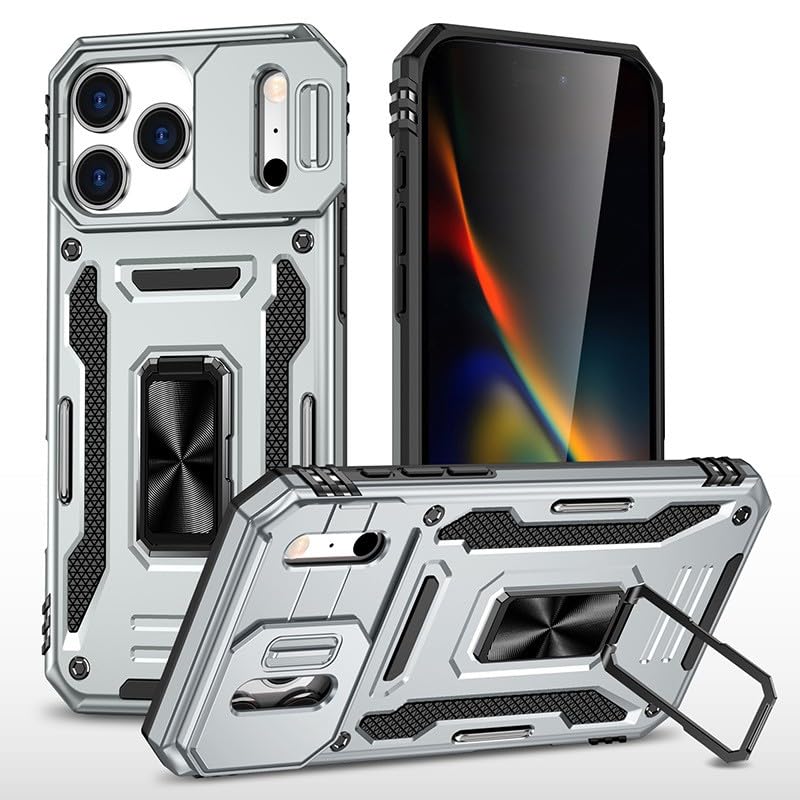 Coque iPhone 17 Pro gris en silicone rigide et anneau aimanté