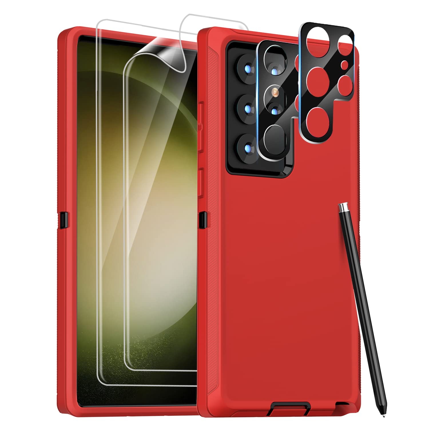 FEIYAR HOME for Samsung Galaxy S23 Ultra Case with 2 Camera Protector and 2 Soft Screen Protector, Military Grade Shockproof, Red Black