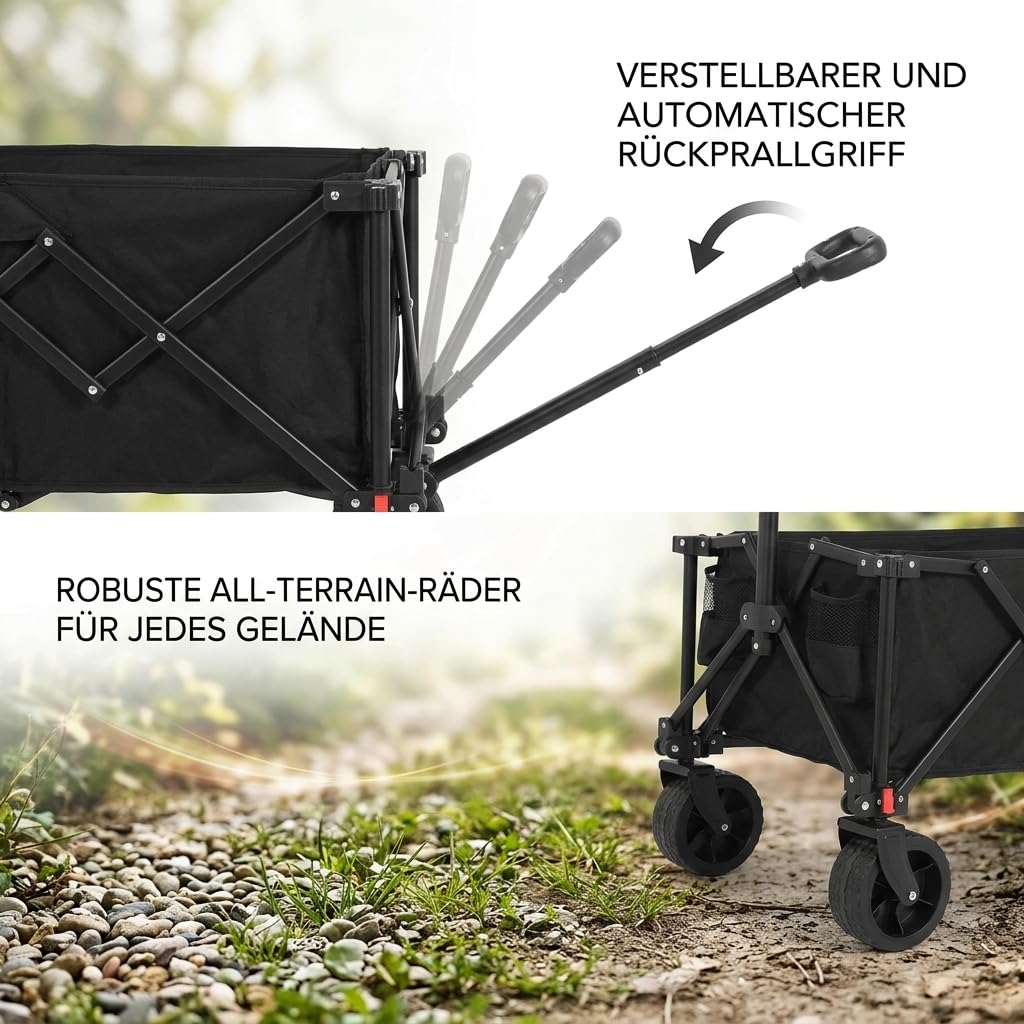 Faltbarer Bollerwagen mit All-Terrain-Rädern, Schwerlast Gartenwagen aus Stahlrahmen mit Verstellbarem Griff, Outdoor Transportwagen für Camping Einkaufen Sport Angeln, Schwarz