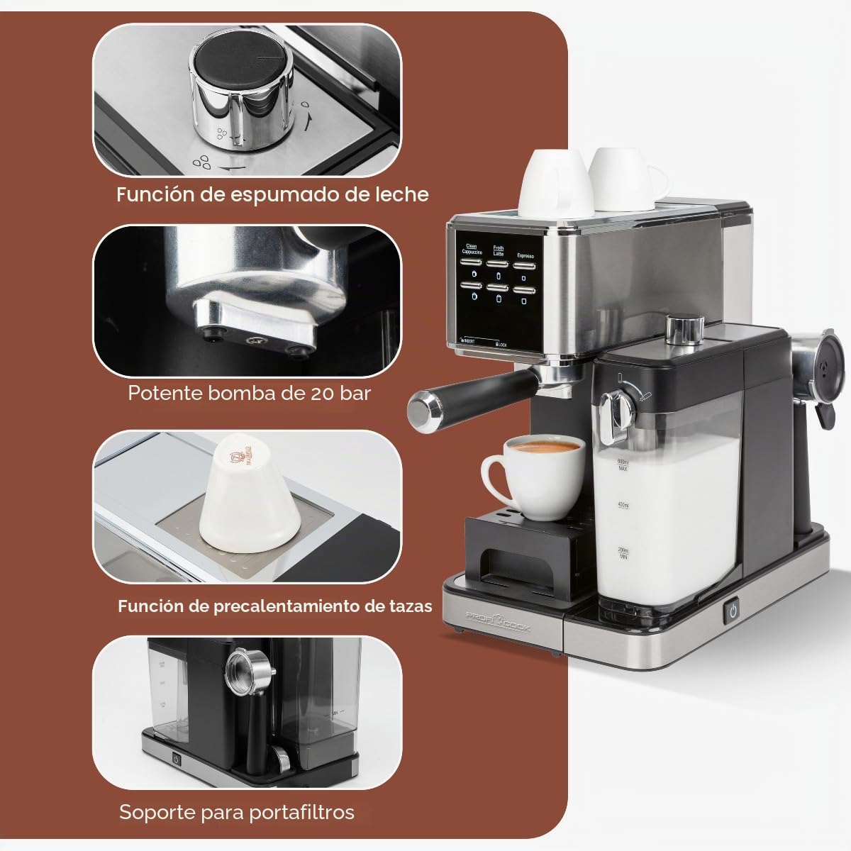 ProfiCook® cafetera espresso 2en1 para café en polvo y cápsulas compatibles Nespresso - máquina portafiltro 20 bar - con sistema de leche para latte y cappuccino- portafiltro para espresso- PC-ES 1266