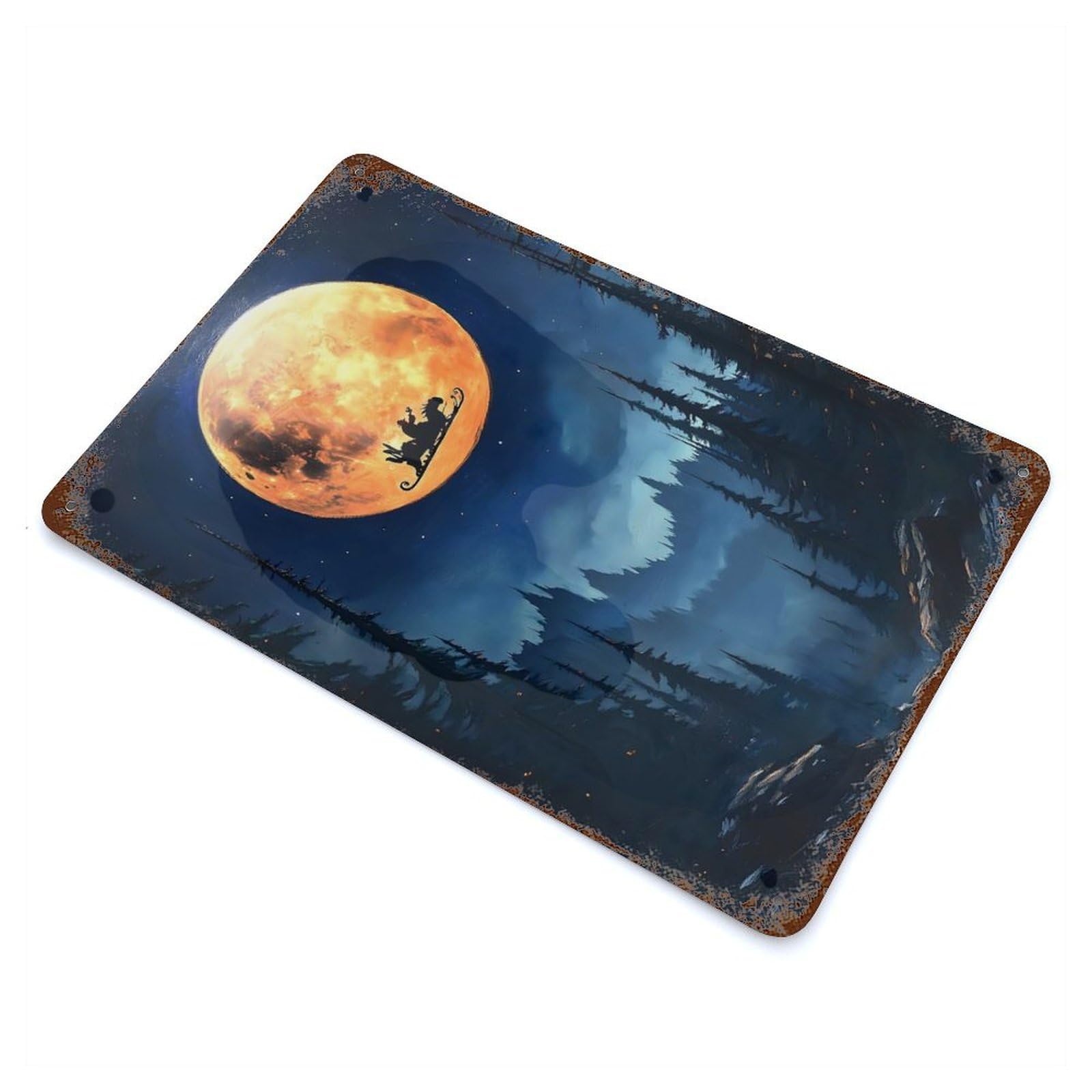Rust Effect Santas Night Flight Christmas Aged Metal Wall Plaque 11.8"x7.9", Rustic Home Decor for Bistro, Counter And Cafe Decor