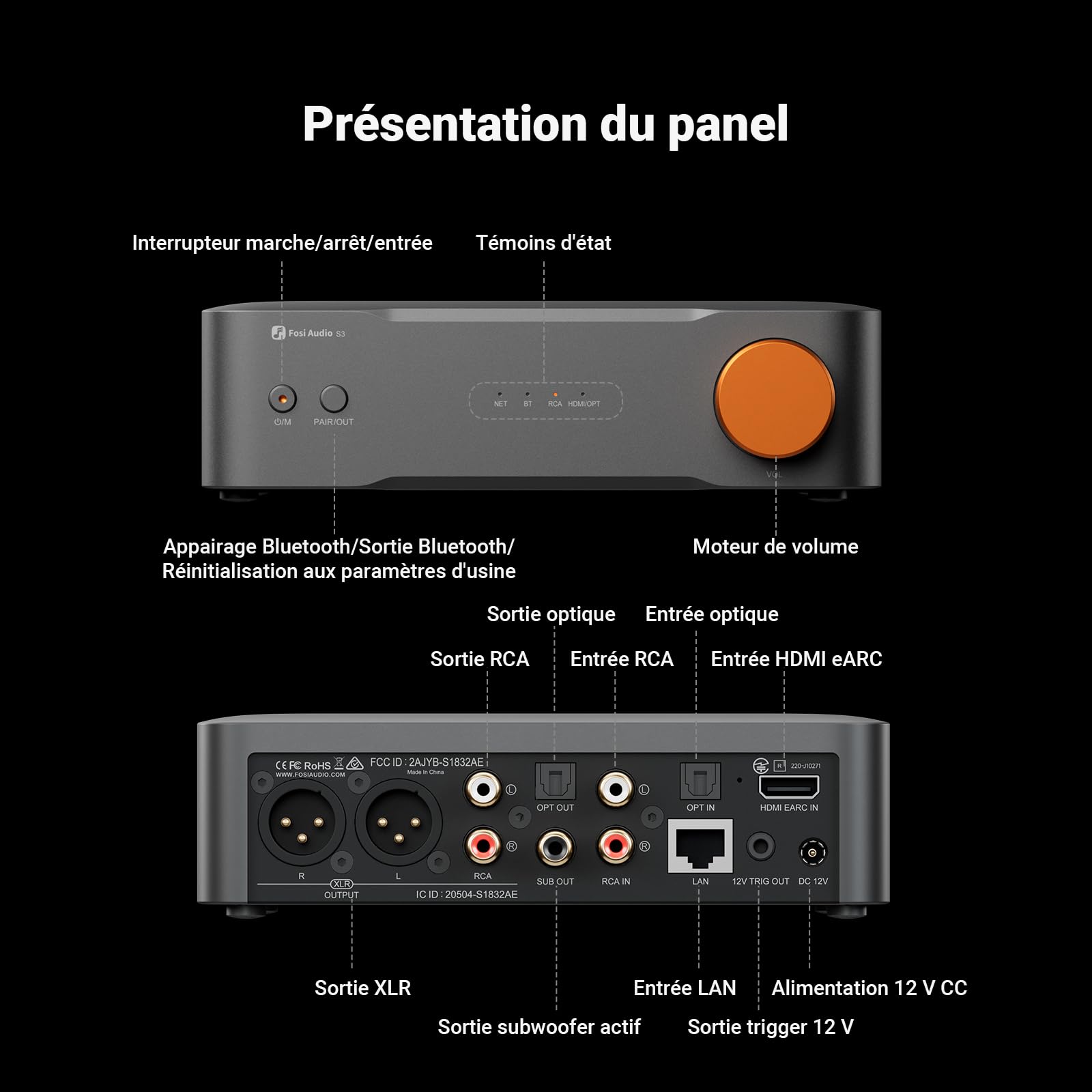 Fosi Audio S3 Music Streamer & Préampli DAC HiFi, AK4493SEQ DAC Wi-FI 6 Bluetooth 5.3, Transport Numérique avec XLR Symétrique/Opt/Sub/HDMI eARC, AirPlay 2 Spotify Connect Tidal, Égaliseur 10 Bandes | AK4493SEQ DAC, Wi-Fi 6 Bluetooth 5.3, XLR équilibré/op