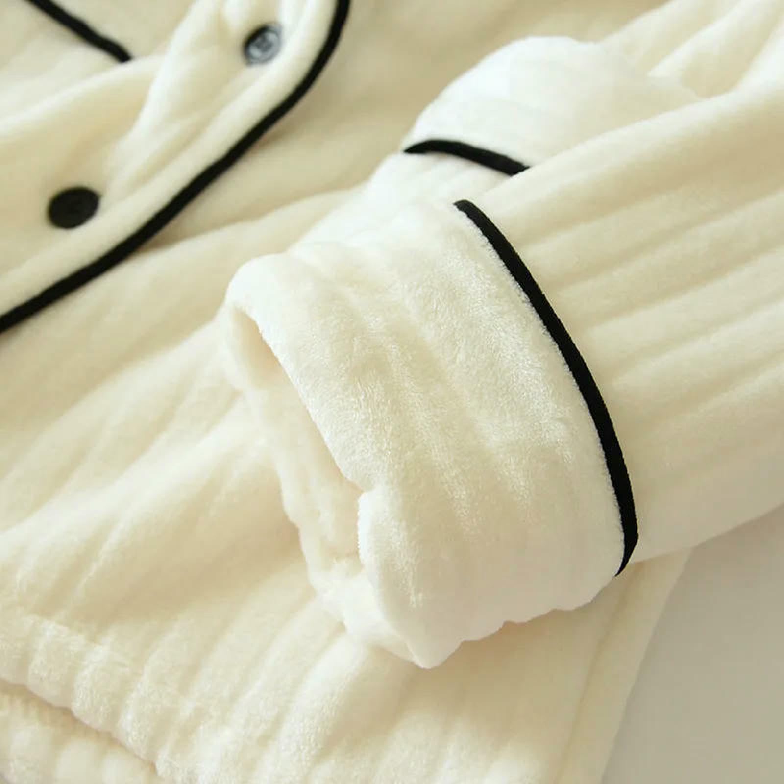 Pigiama Caldo Pile di Corallo Autunno Inverno Donna Flanella Ispessimento Coppia A Maniche Lunghe Risvolto Servizio Domicilio Completo da Notte Uomo-Donne Bianche-l