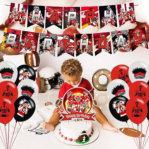 Patrick Mahomes Party Decorations,Football Birthday Party Supplies Includes Banner - Cake Topper - 12 Cupcake Toppers - 18 Balloons