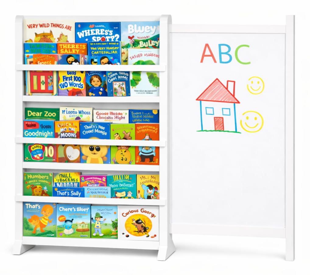OurNest Kids/Baby Bookshelf Magnetic Sliding Whiteboard & Markers H-31–Three Tier Front-Facing Wooden Toddler for Reading, Creativity &