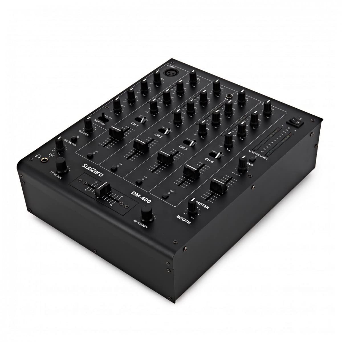 SubZero Mezclador para DJ de 4 canales con Crossfader y USB | Para principiantes y profesionales, una entrada XLR y dos entradas de micro TRS, EQ de 3 bandas con interruptor mono