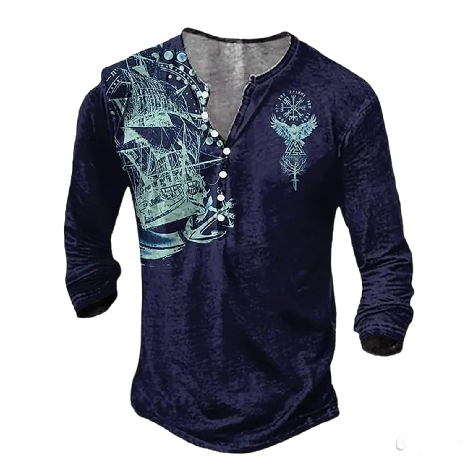 Men's Gothic Nordic Mythology T Shirts Retro Printed V Neck Lace Up Long Sleeve Pullover Vintage Distressed Henley Shirt Top Street Tshirt Sports Shirt, dark blue, 5XL