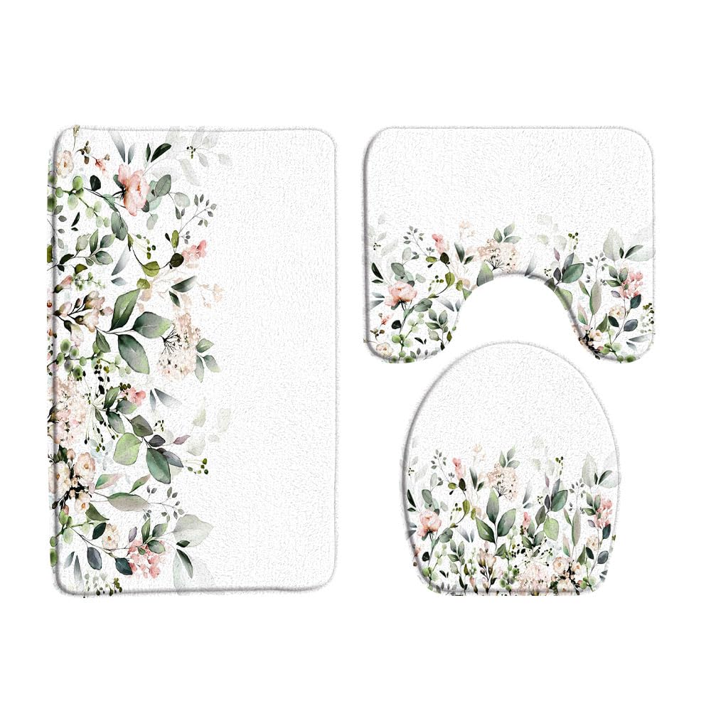 Green Leaves 3 Pcs Bath Rugs Set,Sage Green Eucalyptus Leaf Watercolor Nature Floral Plant Botanical Spring Bathroom Kitchen Rug with 17.8"x29.5" Bath Mat+U-Shaped Toilet Rug+Toilet Seat Cover