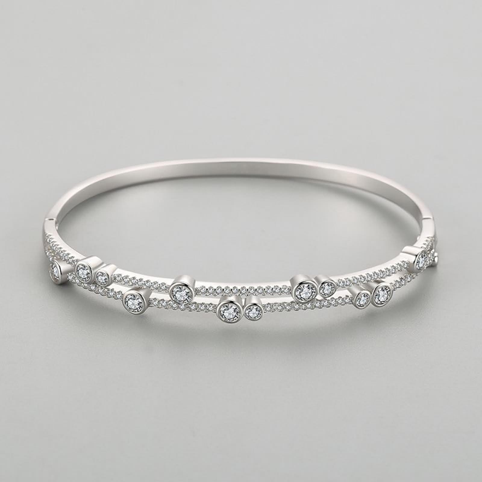 Pulseras para mujer, pulsera de doble fila brillante redonda moissanita oro blanco/platino 950