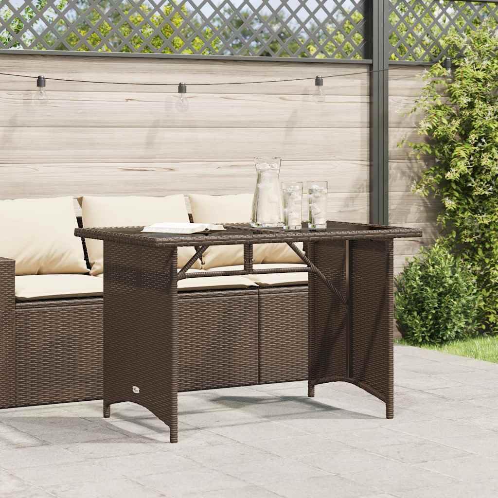 Stolik kawowy ogrodowy, 110 x 68 x 70 cm, brązowy, rattanowy PE, na zewnątrz, z blatem ze szkła hartowanego, solidna stalowa rama, na patio, balkon, bistro taras