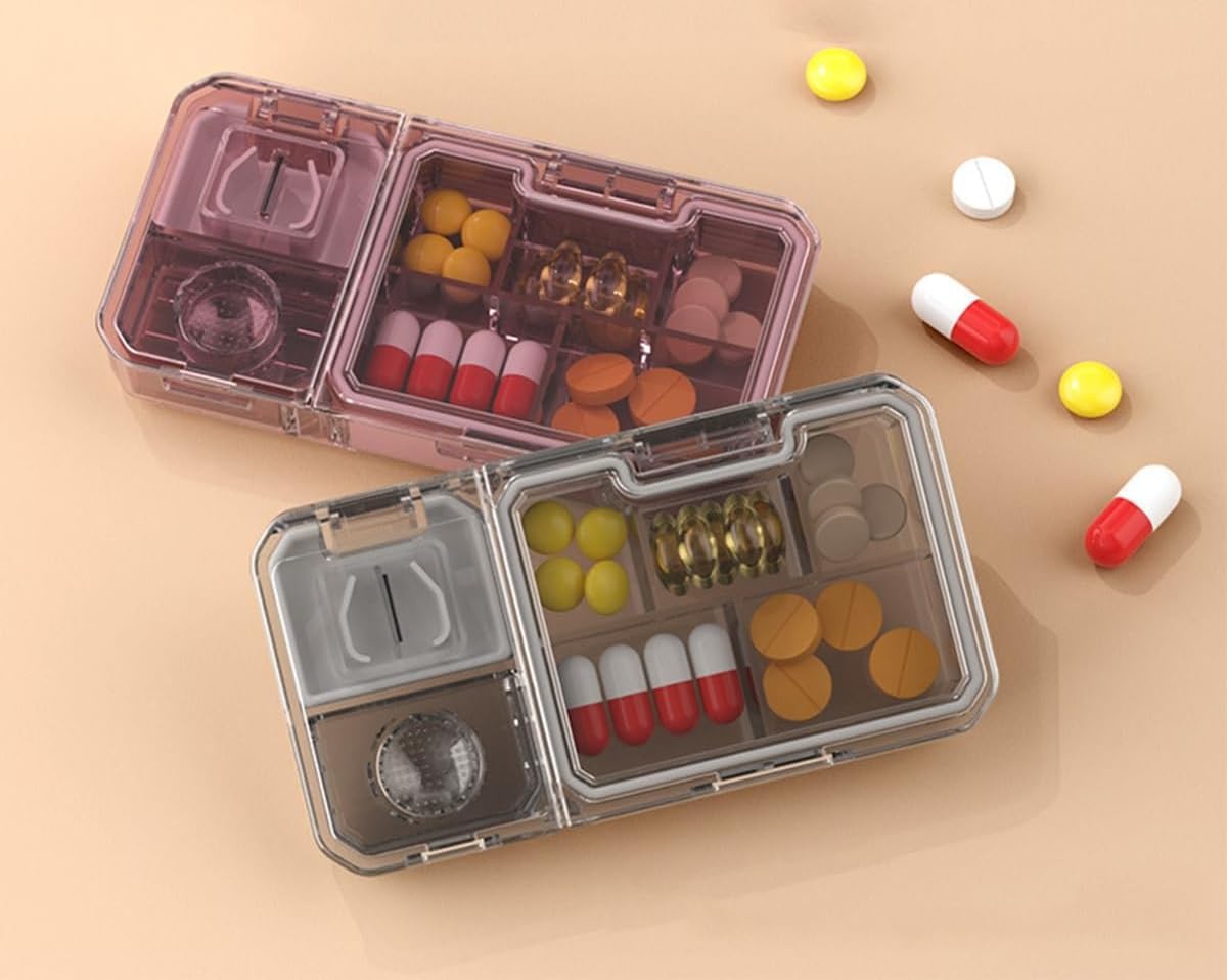 EARTHCONE Pill Box Tablets Cutter, Medicine Organizer Box with Pill Cutter for Small and Large Tablets, 3 in 1 Pill Storage Organizer with Cutting and Grinding Partitions for Daily Use, Travel (1Pcs)-image-13