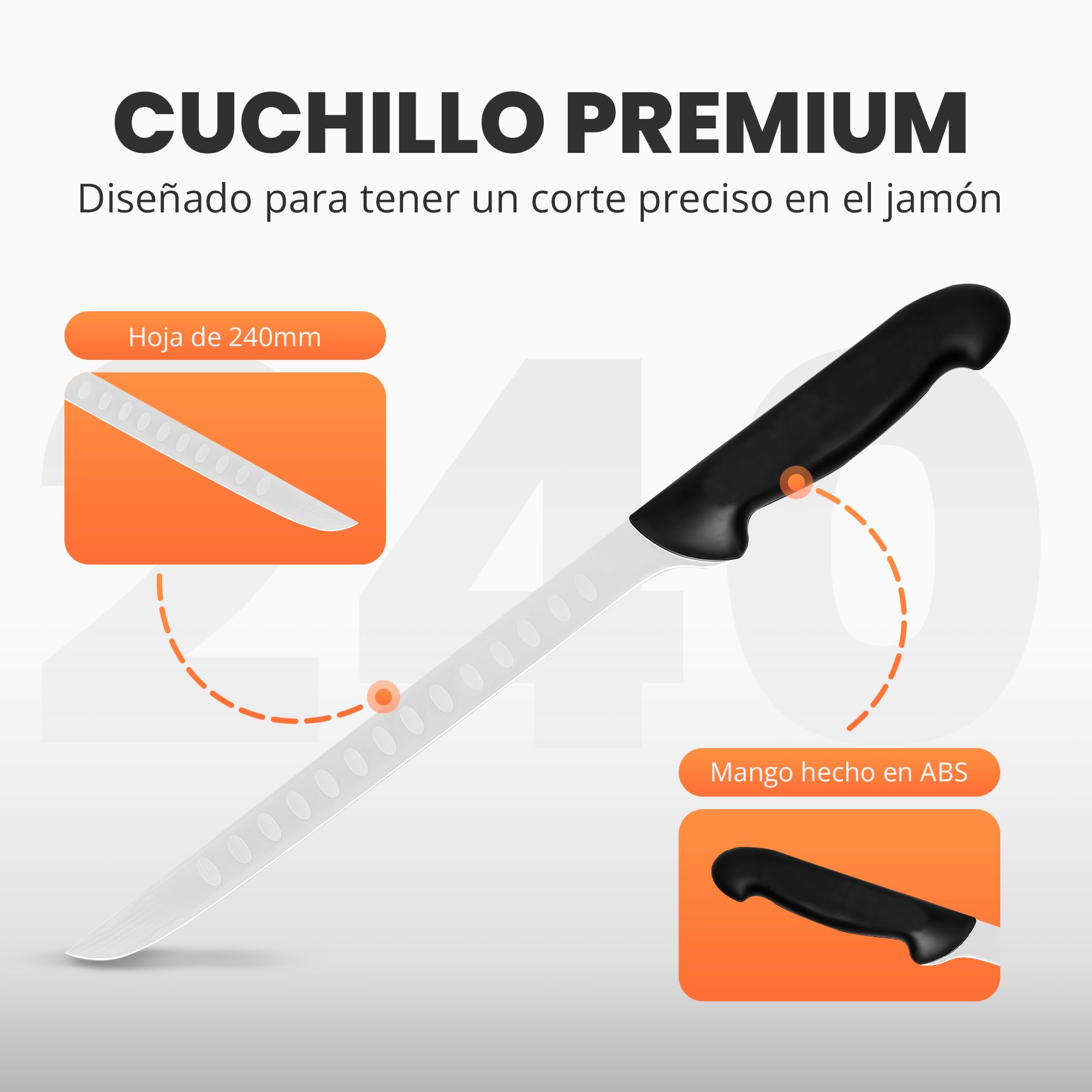 JUPPLIES Jamonero Acero Inoxidable con Base de Bambú + Cuchillo 240mm + Afilador y Cubre Jamón | Soporte Jamonero Vertical Basculante, Rotatorio y Antideslizante | Tabla de Jamón Profesional