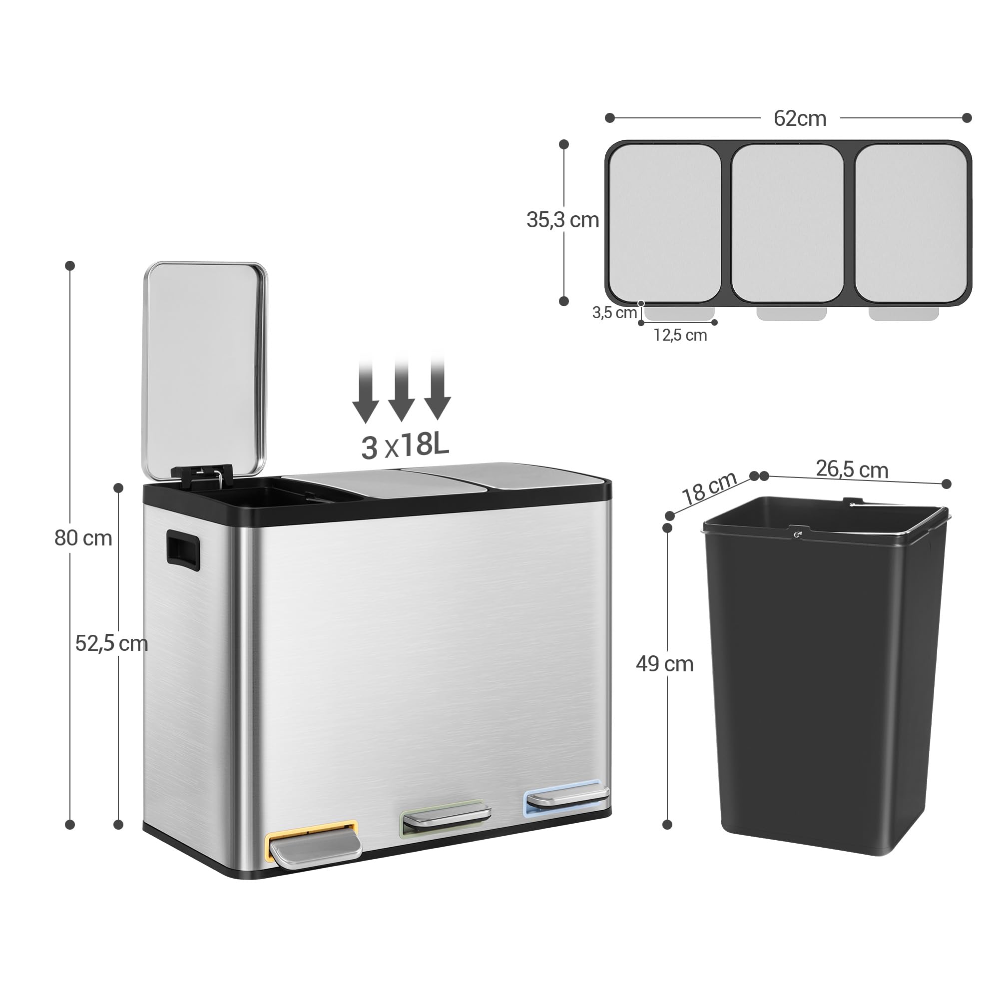 Hzuaneri Mülleimer Küche, Mülltrennsystem 3 Fächer 54L (3 x 18 L), Edelstahl-küchenmülleimer, Tretmülleimer mit Farbcodierbaren Pedalen, Abfalleimer Ruhiger Langsamer Abstieg, Silber SW35499E